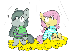 Size: 1161x855 | Tagged: safe, artist:spicyalphys, fluttershy, marble pie, pegasus, pony, chara, clothes, cute, frisk, friskershy, marblebetes, shyabetes, sweater, sweatershy, undertale