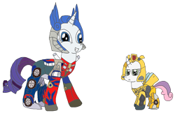 Size: 1859x1282 | Tagged: safe, artist:supahdonarudo, rarity, sweetie belle, pony, unicorn, forever filly, bumblebee, clothes, cosplay, costume, optimus prime, simple background, transformers, transparent background, vector