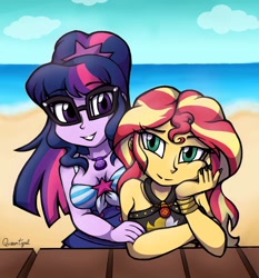 Size: 1154x1236 | Tagged: safe, artist:queentigrel, sci-twi, sunset shimmer, twilight sparkle, equestria girls, beach, bikini, clothes, duo, female, glasses, looking at you, ocean, smiling, swimsuit