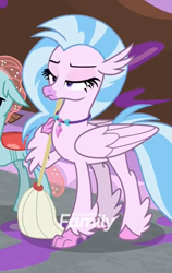 Size: 392x620 | Tagged: safe, screencap, ocellus, silverstream, classical hippogriff, hippogriff, the hearth's warming club, cropped, female, jewelry, mid-blink screencap, mop, necklace, solo focus