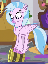 Size: 491x642 | Tagged: safe, screencap, silverstream, classical hippogriff, hippogriff, the hearth's warming club, behaving like a bird, birds doing bird things, bucket, cropped, cute, diastreamies, perching, silverstream's bucket