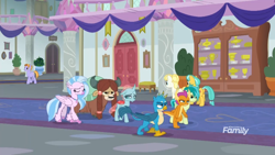 Size: 1366x768 | Tagged: safe, screencap, gallus, ocellus, sandbar, silverstream, smolder, yona, pony, school daze, bored, hall, sad, student six