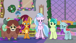 Size: 1280x720 | Tagged: safe, screencap, ocellus, sandbar, silverstream, smolder, twilight sparkle, twilight sparkle (alicorn), yona, alicorn, changedling, changeling, classical hippogriff, dragon, earth pony, griffon, hippogriff, pony, yak, the hearth's warming club, cloven hooves, dragoness, female, male, teenager