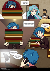 Size: 800x1134 | Tagged: safe, artist:kare-valgon, dj pon-3, octavia melody, princess celestia, vinyl scratch, human, comic:gtvs, book, great teacher vinyl scratch, humanized, italian, phone