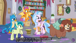 Size: 853x480 | Tagged: safe, screencap, gallus, sandbar, silverstream, smolder, yona, the hearth's warming club, meme, youtube caption