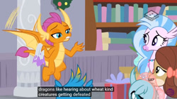 Size: 853x480 | Tagged: safe, screencap, ocellus, silverstream, smolder, yona, the hearth's warming club, food, meme, wheat, youtube caption