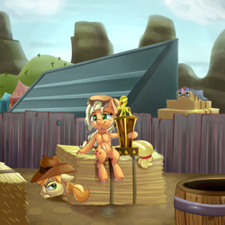 Size: 3000x3000 | Tagged: safe, artist:discorded, applejack, braeburn, pinkie pie, earth pony, pony, appleoosa's most wanted, armpits, bare chest, belly button, groucho mask, hay bale, hayburn, high res, trophy, wet, wet mane