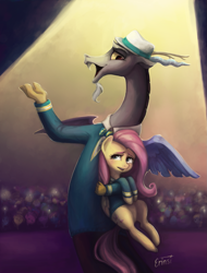 Size: 1373x1802 | Tagged: safe, artist:erinsi, discord, fluttershy, pegasus, pony, bottomless, bowtie, clothes, crowd, duet, duo, hat, partial nudity, ponytones, ponytones outfit, singing, stage, stage fright, sweater, sweatershy