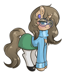 Size: 3089x3663 | Tagged: safe, artist:wickedsilly, derpibooru import, oc, oc:diana hoofbrook, pony, unicorn, blushing, brown mane, clothes, cute, ear piercing, female, glasses, looking at you, mare, mary janes, ocbetes, pantyhose, piercing, shoes, skirt, sweater, turtleneck