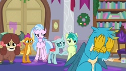 Size: 1920x1080 | Tagged: safe, screencap, gallus, ocellus, sandbar, silverstream, smolder, yona, changedling, changeling, classical hippogriff, dragon, earth pony, griffon, hippogriff, pony, yak, the hearth's warming club, boomerang (tv channel), covering eyes, double facepalm, dragoness, faceclaw, female, male, pointing, raised eyebrow, sad, student six, teenager, upset