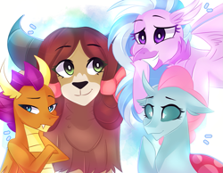 Size: 961x744 | Tagged: safe, artist:waterz-colrxz, ocellus, silverstream, smolder, yona, changedling, changeling, classical hippogriff, dragon, hippogriff, yak, season 8, cute, diaocelles, diastreamies, dragoness, female, simple background, smiling, smolderbetes, yonadorable