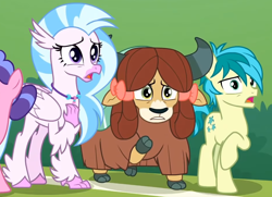 Size: 940x679 | Tagged: safe, screencap, sandbar, silverstream, yona, classical hippogriff, earth pony, hippogriff, pony, yak, a matter of principals, bow, cloven hooves, female, hair bow, jewelry, male, monkey swings, necklace, raised hoof, shocked, teenager, trio