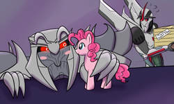 Size: 1117x670 | Tagged: safe, artist:pvtpuma, pinkie pie, earth pony, pony, hot nuts, megatron, starscream, transformers, transformers prime