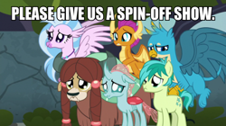 Size: 600x337 | Tagged: safe, edit, edited screencap, screencap, gallus, ocellus, sandbar, silverstream, smolder, yona, school daze, cute, diaocelles, diastreamies, gallabetes, image macro, meme, puppy dog eyes, sandabetes, smolderbetes, student six, yonadorable