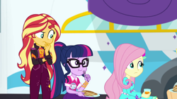 Size: 1920x1080 | Tagged: safe, screencap, applejack, fluttershy, sci-twi, sunset shimmer, twilight sparkle, better together, equestria girls, sunset's backstage pass!, music festival outfit