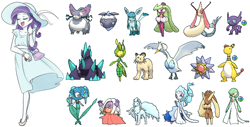 Size: 636x322 | Tagged: safe, artist:misochikin, artist:wolf, rarity, equestria girls, alolan ninetales, ampharos, carbink, crossover, florges, gardevoir, gigalith, glaceon, jynx, leavanny, lopunny, milotic, ninetales, persian, pokémon, pokémon trainer, primarina, purugly, sableye, starmie, swanna, tsareena