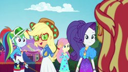 Size: 1920x1080 | Tagged: safe, screencap, applejack, fluttershy, rainbow dash, rarity, sunset shimmer, better together, equestria girls, sunset's backstage pass!, music festival outfit