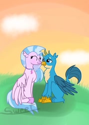 Size: 1000x1400 | Tagged: safe, artist:sweetcream1, gallus, silverstream, classical hippogriff, griffon, hippogriff, beakboop, boop, cloud, cute, diastreamies, duo, female, gallabetes, gallstream, male, noseboop, shipping, straight, sunrise