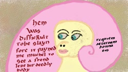 Size: 1200x675 | Tagged: safe, artist:bonesoup, fluttershy, pegasus, pony, comic:the tales of canterlot, abomination, comic, latin, middle english, nightmare fuel, solo, stylistic suck