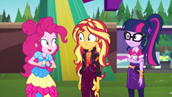 Size: 1920x1080 | Tagged: safe, screencap, pinkie pie, sci-twi, sunset shimmer, twilight sparkle, better together, equestria girls, sunset's backstage pass!, music festival outfit