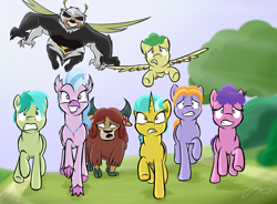 Size: 3192x2352 | Tagged: safe, artist:oinktweetstudios, auburn vision, berry blend, berry bliss, citrine spark, fire quacker, huckleberry, sandbar, silverstream, yona, bugbear, classical hippogriff, earth pony, hippogriff, pegasus, pony, unicorn, yak, a matter of principals, season 8, bow, cloven hooves, female, flying, friendship student, hair bow, jewelry, male, monkey swings, necklace, open mouth, running, scared, signature, sky, smiling, tree