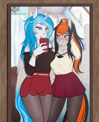 Size: 2356x2897 | Tagged: safe, artist:askbubblelee, derpibooru import, oc, oc only, oc:bubble lee, oc:cannon car, anthro, pegasus, unicorn, anthro oc, bedroom, blushing, cellphone, clothes, commission, eye scar, eyeshadow, female, freckles, heterochromia, lipstick, makeup, mirror, pantyhose, phone, scar, selfie, smiling