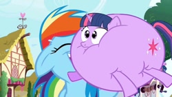 Size: 1280x720 | Tagged: safe, derpibooru import, edit, edited screencap, screencap, rainbow dash, twilight sparkle, unicorn twilight, pegasus, pony, unicorn, friendship is magic, balloon pony, cute, dashabetes, inflation, laughing, twiabetes, well