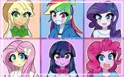 Size: 1280x800 | Tagged: safe, artist:nichandesu, derpibooru import, applejack, fluttershy, pinkie pie, rainbow dash, rarity, twilight sparkle, equestria girls, bust, colored pupils, cute, dashabetes, diapinkes, female, humane five, humane six, jackabetes, looking at you, open mouth, portrait, raribetes, shyabetes, smiling, twiabetes