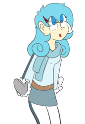 Size: 534x774 | Tagged: safe, artist:exvius, derpibooru import, oc, oc:frost flare, human, kirin, equestria girls, belt, clothes, cute, equestria girls-ified, gloves, hairclip, kirin oc, leggings, miniskirt, mittens, pantyhose, scarf, skirt