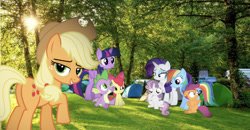 Size: 656x341 | Tagged: artist needed, safe, artist:undeadponysoldier, derpibooru import, apple bloom, applejack, rainbow dash, rarity, scootaloo, spike, sweetie belle, twilight sparkle, twilight sparkle (alicorn), alicorn, dragon, earth pony, pegasus, pony, unicorn, apple bloom's bow, applejack's hat, beautiful, bow, camping, car, cowboy hat, cute, cutie mark crusaders, daaaaaaaaaaaw, family vacation, female, filly, grass, hair bow, happy, hat, irl, lens flare, lidded eyes, looking at you, looking back, looking back at you, male, mare, one of these things is not like the others, photo, ponies in real life, raised hoof, scared, shipping, sitting, spikebloom, straight, sun, tent, tree