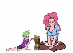 Size: 3451x2539 | Tagged: safe, artist:franschesco, pinkie pie, spike, human, belt, blushing, breasts, clothes, cute, feet, human spike, humanized, jenga, male, male feet, miniskirt, one eye closed, pantyhose, pinkie pies, playing, shorts, simple background, skirt, stockings, thigh highs, white background