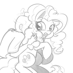 Size: 1000x1000 | Tagged: dead source, safe, artist:reiduran, pinkie pie, oc, oc:anon, human, looking back, monochrome, open mouth, sketch