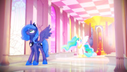 Size: 1920x1080 | Tagged: safe, artist:sparkiss-pony, princess celestia, princess luna, alicorn, pony, 3d, mmd, s1 luna, throne room