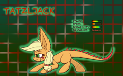 Size: 1280x788 | Tagged: safe, artist:heir-of-rick, applejack, earth pony, monster pony, original species, pony, tatzlpony, daily apple pony, ear fluff, impossibly large ears, sneaking, stats, tatzljack