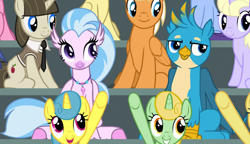 Size: 1024x591 | Tagged: safe, screencap, berry blend, berry bliss, cloverbelle, gallus, golden grove, huckleberry, lemon hearts, november rain, silverstream, stella nova, classical hippogriff, griffon, hippogriff, pegasus, pony, unicorn, the washouts (episode), apple polish, background pony, background pony audience, cropped, female, friendship student, male, mare, raised hoof, shipping fuel, stallion, unnamed pony