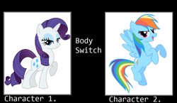 Size: 1024x594 | Tagged: safe, derpibooru import, edit, editor:mega-poneo, rainbow dash, rarity, pony, unicorn, body swap, let's switch bodies, meme