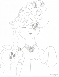 Size: 1695x2212 | Tagged: safe, artist:mc-ryan, applejack, spike, dragon, earth pony, pony, element of honesty, female, happy, mare, monochrome, smiling, traditional art