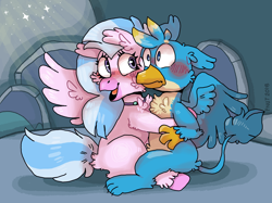 Size: 2732x2048 | Tagged: safe, artist:peanutcat62, gallus, silverstream, classical hippogriff, griffon, hippogriff, what lies beneath, blushing, body fluff, cave, chest fluff, cute, diastreamies, ear fluff, female, fluffy, gallabetes, gallstream, high res, hug, interspecies, leg fluff, male, paws, scene interpretation, shipping, straight, uncomfortable, wings