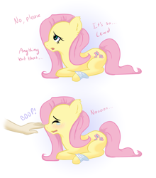 Size: 1294x1470 | Tagged: safe, artist:adequality, artist:cups, derpibooru exclusive, fluttershy, human, :o, adorable distress, blushing, bondage, boop, comic, crying, cute, eyes closed, hand, lewd, lidded eyes, looking up, non-consensual booping, open mouth, personal space invasion, prone, sad, shyabetes, simple background, solo focus, tied up, unsexy bondage, white background, worried