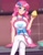 Size: 1036x1327 | Tagged: safe, artist:focusb, derpibooru import, pinkie pie, human, better together, equestria girls, the craft of cookies, apron, clothes, crossed legs, cupcake, cute, diapinkes, female, food, humanized, legs, looking at you, pantyhose, sitting, skirt, smiling