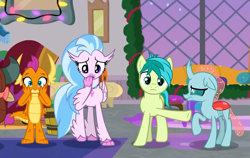 Size: 964x611 | Tagged: safe, screencap, ocellus, sandbar, silverstream, smolder, yona, changedling, changeling, classical hippogriff, dragon, earth pony, hippogriff, pony, the hearth's warming club, blame, cropped, female, male, ocellus is not amused, pointing