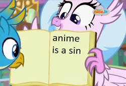 Size: 724x492 | Tagged: safe, edit, edited screencap, screencap, gallus, silverstream, what lies beneath, book, facts, meme, nick jr., open book