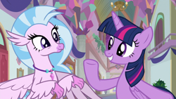 Size: 1280x720 | Tagged: safe, screencap, silverstream, twilight sparkle, twilight sparkle (alicorn), alicorn, hippogriff, pony, school daze, duo, female, jewelry, mare, necklace, school of friendship