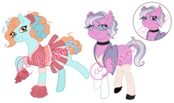 Size: 1163x687 | Tagged: safe, artist:ponyrasmeii, oc, oc only, oc:satin crystal, oc:swift-steps, earth pony, pony, blank flank, cheerleader, cheerleader outfit, choker, clothes, ear piercing, earring, female, flats, glasses, gloves, grin, icey-verse, jewelry, magical lesbian spawn, mare, offspring, parent:lighthoof, parent:limestone pie, parent:shimmy shake, parent:suri polomare, parents:shimmyhoof, parents:suristone, piercing, pleated skirt, pom pom, raised hoof, raised leg, shirt, shoes, simple background, skirt, smiling, socks, stockings, thigh highs, vest, watermark, white background