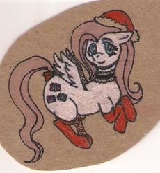 Size: 518x562 | Tagged: safe, artist:tacodeltaco, fluttershy, pegasus, pony, clothes, hat, santa hat, socks, solo, tail bow, traditional art