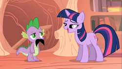 Size: 1366x768 | Tagged: safe, derpibooru import, screencap, spike, twilight sparkle, unicorn twilight, dragon, unicorn, boast busters, moustache