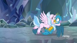 Size: 1920x1080 | Tagged: safe, screencap, gallus, silverstream, classical hippogriff, griffon, hippogriff, what lies beneath, cave, cute, diastreamies, discovery family logo, duo, female, gallabetes, glomp, hug, male, nightmare cave, paw pads, paws, shipping fuel, tackle, underpaw, wings