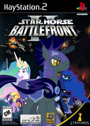 Size: 710x1000 | Tagged: safe, artist:nickyv917, applejack, princess celestia, princess luna, twilight sparkle, alicorn, bat pony, earth pony, pony, unicorn, cover, droid, droid starfighter, explosion, laser, lava, parody, playstation 2, spaceship, star wars, star wars battlefront, volcano