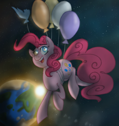 Size: 968x1024 | Tagged: safe, artist:sessomesmaru, pinkie pie, earth pony, pony, balloon, solo, space, then watch her balloons lift her up to the sky