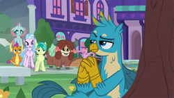 Size: 1280x720 | Tagged: safe, screencap, gallus, ocellus, sandbar, silverstream, smolder, yona, changedling, changeling, dragon, griffon, hippogriff, pony, yak, what lies beneath, holding hands, monkey swings, raised eyebrow, sandbar is not amused, school of friendship, smolder is not amused, student six, teasing, tree